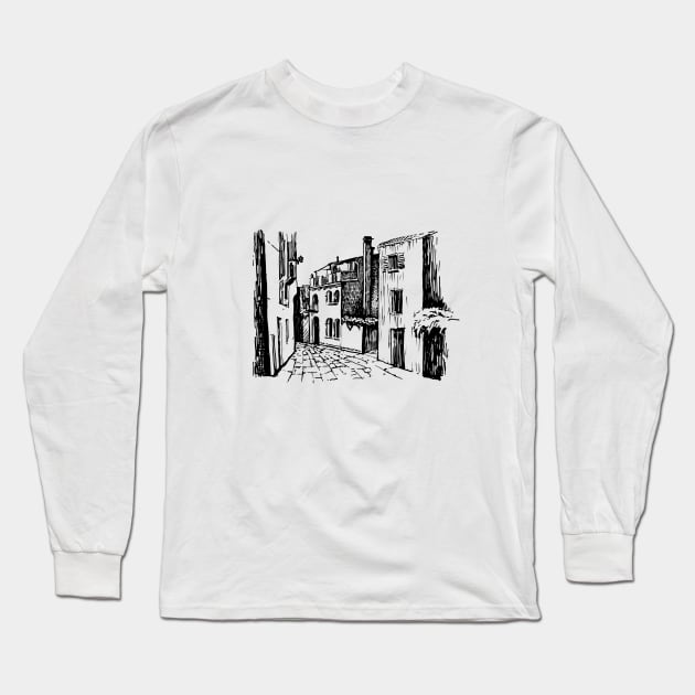 City landscape. Dark lines on a light background. Long Sleeve T-Shirt by ElizabethArt